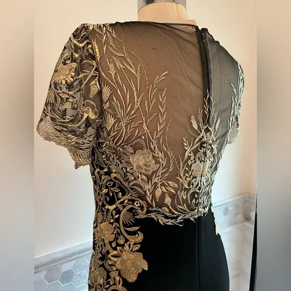 Marchesa Notte Mermaid Black Stretch Crepe and Gold Lace Embroidered Ball Gown 8 - Picture 9 of 16